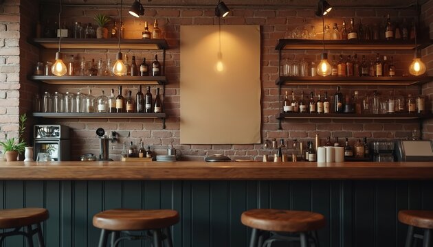 Empty bar interior with brick wall, wooden counter, shelves full of bottles and glasses. Blank kraft paper hangs on wall for your text or design. Bar stools are visible in foreground.