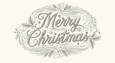 Elegant merry christmas hand lettering with holly and snowflakes in vintage style