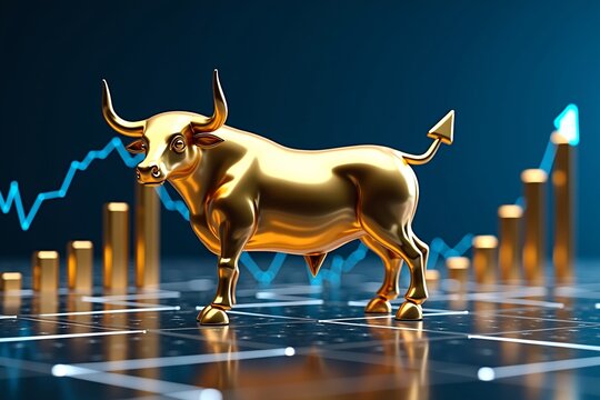 A gleaming golden bull stands confidently on a futuristic financial grid, symbolizing market strength and growth, with upward-trending charts and glowing bars in the background.