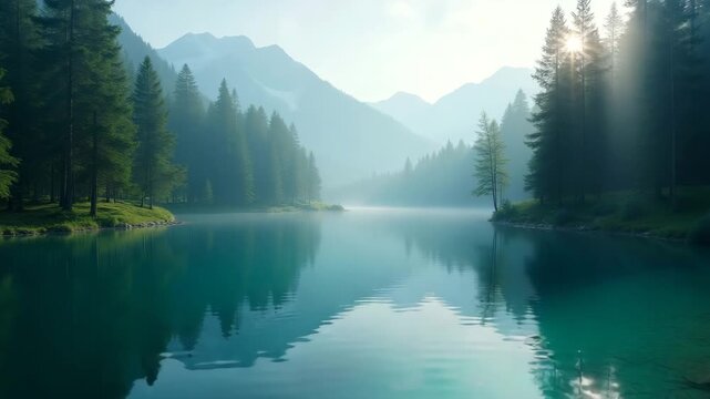 A serene landscape evoking the principles of responsible data use, featuring a tranquil lake surrounded by trees, allowing for a calming blend of nature and digital themes.