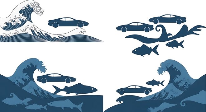 Ocean waves with cars and fish in a unique artistic style.