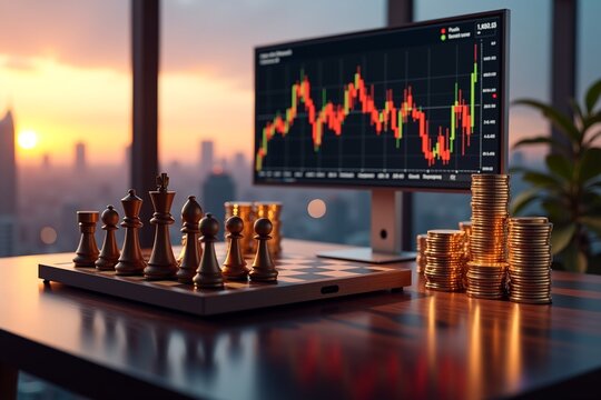 Chessboard with golden pieces and stacks of coins on a desk, beside a screen displaying financial charts  symbolizing strategic investment and market analysis against a city sunset backdrop. - Powered by Adobe