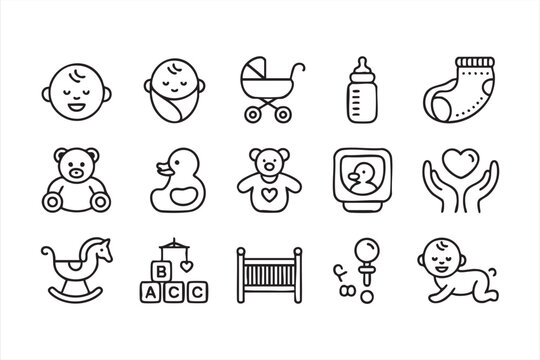 Newborn essentials vector pack with baby bottle, rattle, crib, and diaper icons