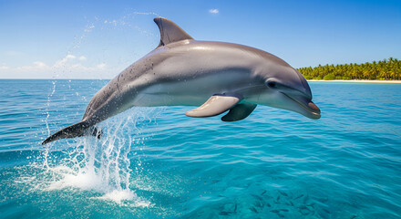 Fototapeta premium Dolphin Jumping Out of Tropical Ocean – Dynamic Wildlife Photography