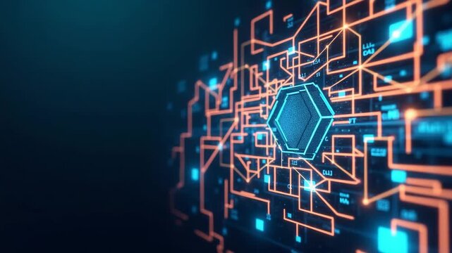 An abstract geometric representation of data engineering showcasing structured data flows. Allow for copy space alongside a balanced hierarchy highlighting key elements of the design.