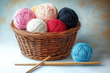 Basket filled with colorful balls of yarn and a separate blue yarn ball with wooden knitting needles on a neutral background