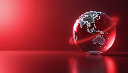 Global earth sphere with dynamic red orbit lines rotates on red gradient backdrop. Modern communication concept for news and international business.