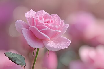 Pink Rose With Dew Drops In Garden