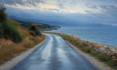 Wet winding coastal road along rocky shoreline with grassy bushes under cloudy sky during serene weather