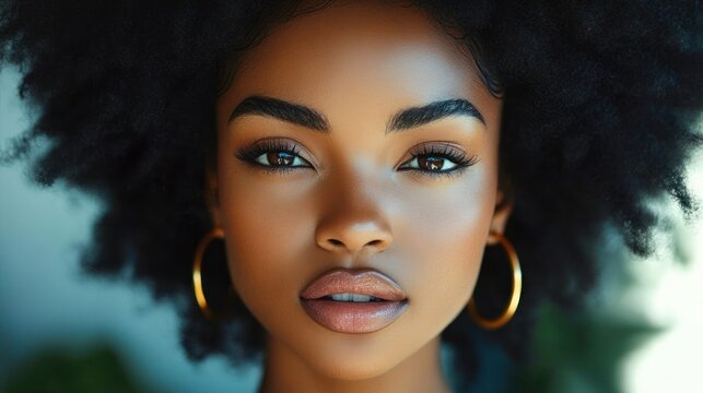 Close-up portrait of a confident young woman with natural afro hairstyle, smooth glowing skin, full lips, expressive eyes, and gold hoop earrings