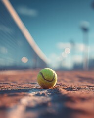 Tennis Ball On Clay Court At Sunset
