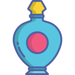 Turquoise perfume bottle with a pink circle accent and yellow cap isolated on transparent background simple flat icon illustration
