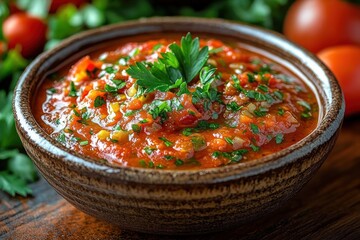 Close-up of a bowl filled with vibrant red tomato sauce garnished with chopped herbs and fresh parsley on top, surrounded by fresh tomatoes and greenery