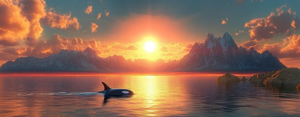 A serene sunset over calm water with mountains in the background and a single orca swimming near rocky shores under dramatic orange and pink clouds