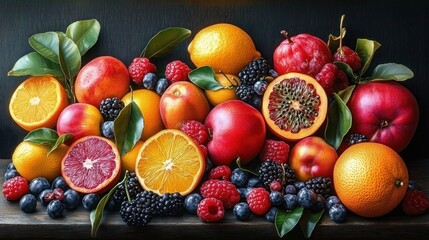 Vibrant assortment of fresh citrus fruits, berries, and green leaves arranged on wooden surface against dark background, evoking freshness and abundance