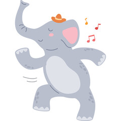 Whimsical Cartoon Elephant Dancing Joyfully with a Cowboy Hat and Musical Notes in Pastel Colors