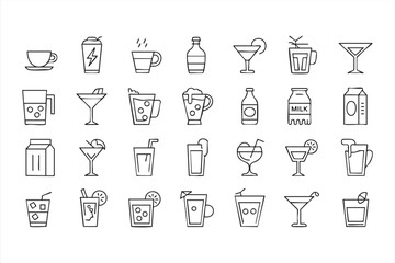 Minimalist beverage icons pack featuring cocktails, beer, and wine glass designs