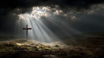 Naklejka premium Majestic View of a Cross on a Hill with Dramatic Clouds and Rays of Light Breaking Through, Creating a Powerful and Peaceful Atmosphere