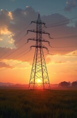 Power line tower silhouette against vibrant orange sunset sky with clouds. High voltage cables stretch across farmland field. Industrial electricity infrastructure.