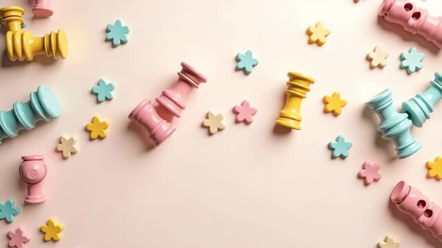 A creative setup showcasing various family games and activities in soft pastel tones, creating a harmonious design with negative space for textual content.