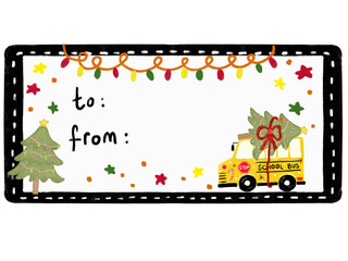 cute blank empty kids hand drawn doodle christmas gift boxes label tag sticker with fire engine truck rescue team vehicle transportation themes watercolor crayon illustration design clipart png