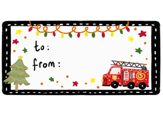 cute blank empty kids hand drawn doodle christmas gift boxes label tag sticker with fire engine truck rescue team vehicle transportation themes watercolor crayon illustration design clipart png