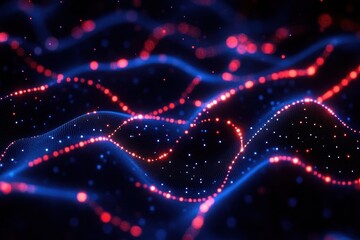 Glowing red and blue digital wave patterns creating a flowing futuristic abstract grid with floating particles and smooth curves