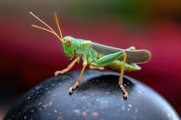 close-up of a green grasshopper perched on a dark rounded surface with a blurred colorful background