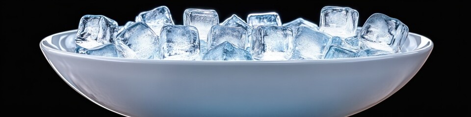 Close-up of clear ice cubes in a white bowl against black background showing cool refreshing frozen texture