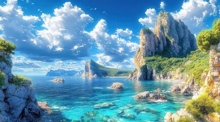 Scenic coastal landscape with turquoise water, rocky cliffs covered in greenery, and a bright blue sky filled with fluffy white clouds