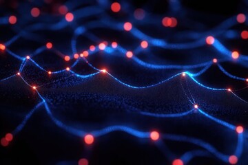Abstract digital network with glowing blue wave patterns connected by bright red nodes creating a futuristic technology visualization