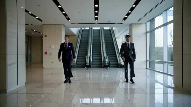 Men walking down escalators in a modern building during daytime hours