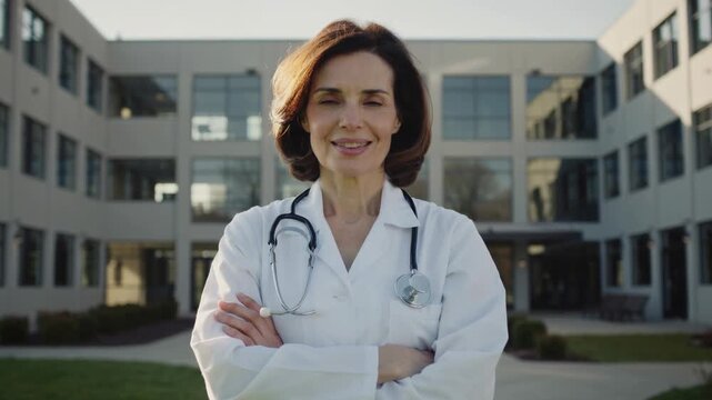 Doctor stands confidently outside medical building while sharing passion for patient care and community service