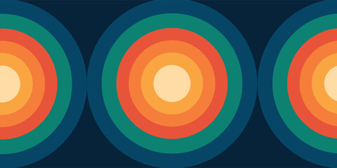 Abstract background with a repeating pattern of colorful concentric circles in a retro 1970s color palette.