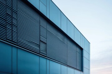 Modern building facade with sleek blue metallic panels and horizontal slatted window shutters under a serene early evening sky