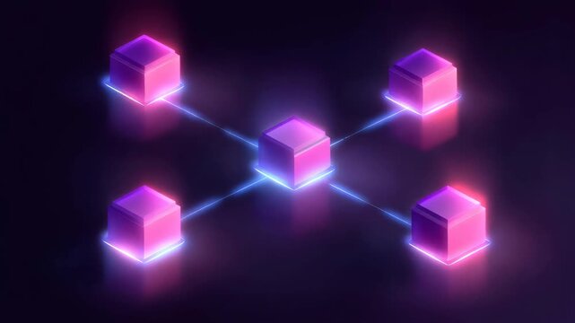 Dispersed network of glowing nodes representing blockchain or data transfer. Digital security concept for distributed ledger technology.