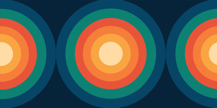 Abstract background with a repeating pattern of colorful concentric circles in a retro 1970s color palette.
