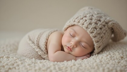 Baby sleeping peacefully with a knitted hat in soft beige tones
