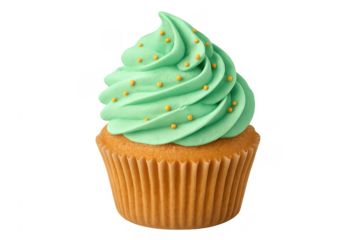 Vanilla cupcake with green frosting and sprinkles isolated