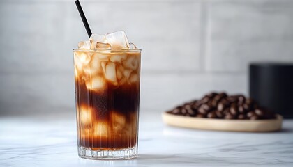 Tall glass of iced coffee with milk swirling through dark coffee on a marble surface with a plate of coffee beans in the background