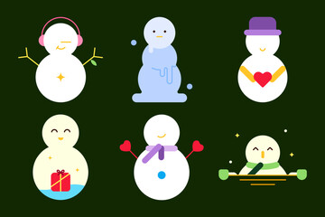 Snowman flat icon set in various poses with scarf, hat, gift and Christmas theme, colorful vector illustration
