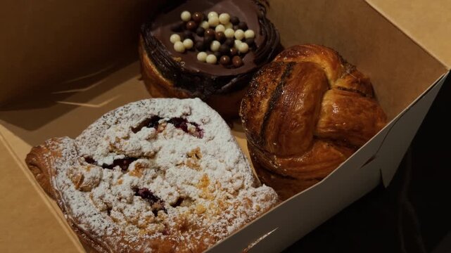 Delicious dessert with shiny glaze, Juicy pastry crust adorned with sugar and glossy chocolate