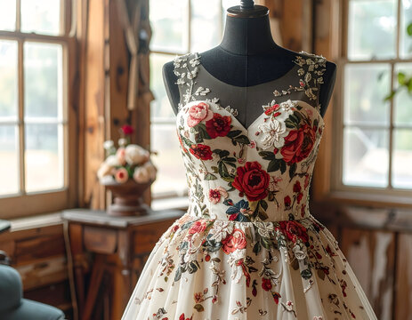 Floral wedding dress lace embroidery red rose pattern bridal gown tulle skirt sleeveless bodice illusion neckline rustic studio romantic vintage