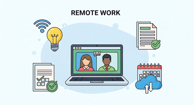 Remote Work Illustration - Laptop, Video Call, and Productivity Icons.