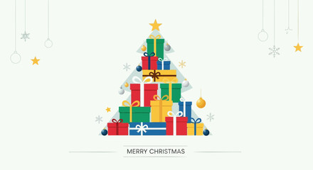 Festive christmas tree made of colorful gift boxes with ornaments and stars against a light background