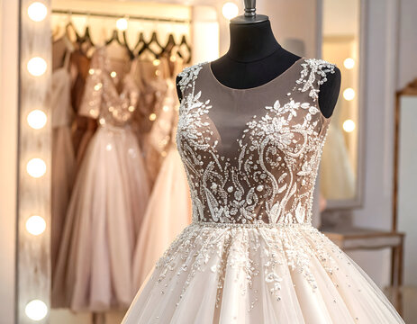 Beaded wedding gown bridal dress lace bodice illusion neckline tulle skirt satin belt floral applique pearl beading sequin detail blush color - Powered by Adobe