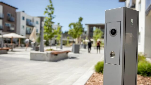 Medium shot focusing on a sensorized outdoor trash bin by a mixeduse plaza showcasing a builtin sensor alert system with a blinking warning light.