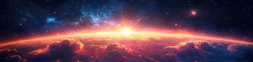 Sun rising above a thick layer of glowing clouds with a starry night sky and colorful cosmic nebula in the background, evoking awe and wonder