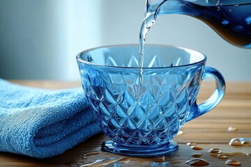 Clear water being poured into a patterned blue glass cup on a wooden table next to a folded blue towel with water droplets around