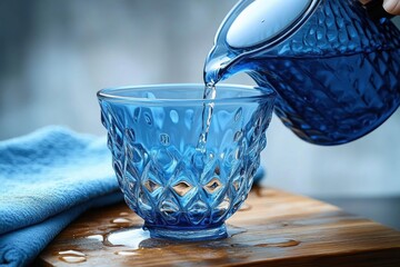 Clear liquid being poured from a textured blue glass pitcher into a matching blue glass cup on a wooden surface with water droplets and a folded blue cloth nearby